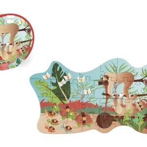 Puedes crear una colorida escena de perezosos, uniendo las 35 piezas de este puzle. Viene presentado dentro de un estuche redondo.