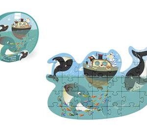 Puedes crear una colorida escena de ballenas, uniendo las 31 piezas de este puzzle. Viene presentado dentro de un estuche redondo.