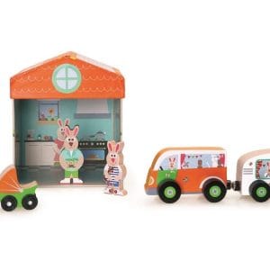 La caja de cartón se transforma en una casa, incluye auto con casa rodante, coche de autobús y familia de conejos.