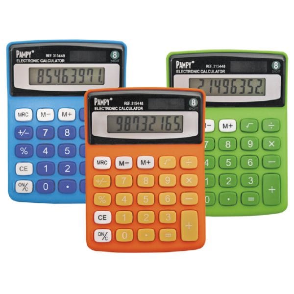 Calculadora escolar de 8 dígitos . Funciones básicas y memoria. Alimentación solar y a pilas. Colores surtidos: azul , rosa, naranja y verde.