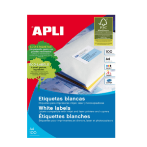 Etiquetas blancas cantos rectos tamaño 210,0 x 297,0 mm con adhesivo permanente para múltiples usos. Pack con 100 hojas (100 etiquetas). Perfectas para identificar envíos de correspondencia, objetos, paquetería o para clasificar. Excelente calidad de impresión en impresoras inkjet, láser o fotocopiadoras. Descarga el software gratuito para diseñar e imprimir todo tipo de etiquetas en www.apli.com