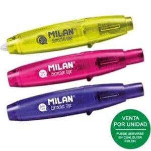 Cinta correctora en seco con botín pulsador retráctil. Serie Acid. Rápida, limpia y precisa. Correcciones sobre todo tipo de papel, no deja marcas en fotocopias o fax. 5 mm de ancho x 6 m de largo. Colores Acid surtidos: amarillo, azul y rosa. Cintas de recambio disponibles. Medidas corrector: 10,9 x 2,5 x 2 cm.