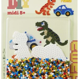 Blister Hama Beads Midi 1100 beads + placas coche y muñeca dinosaurio + papel