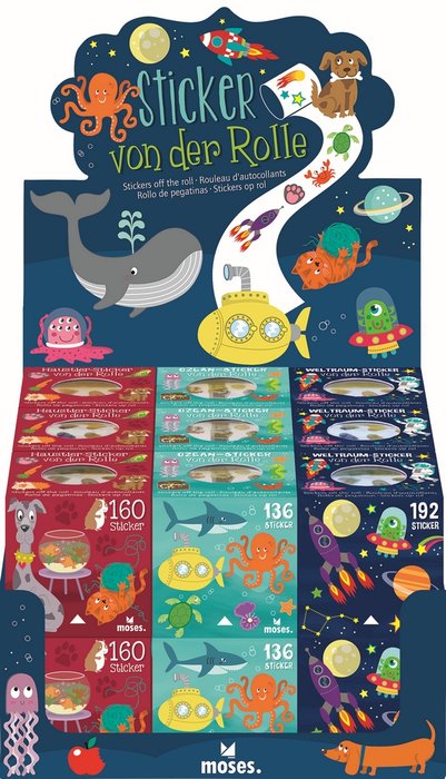 Rollo de pegatinas surtidas océano, espacio y animales Rollo de pegatinas surtidas océano, espacio y animales