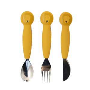 Cubiertos de Silicona 3 Piezas Mr. Lion de Trixie – Cuchara, Tenedor y Cuchillo Seguros, Suaves y Antideslizantes
