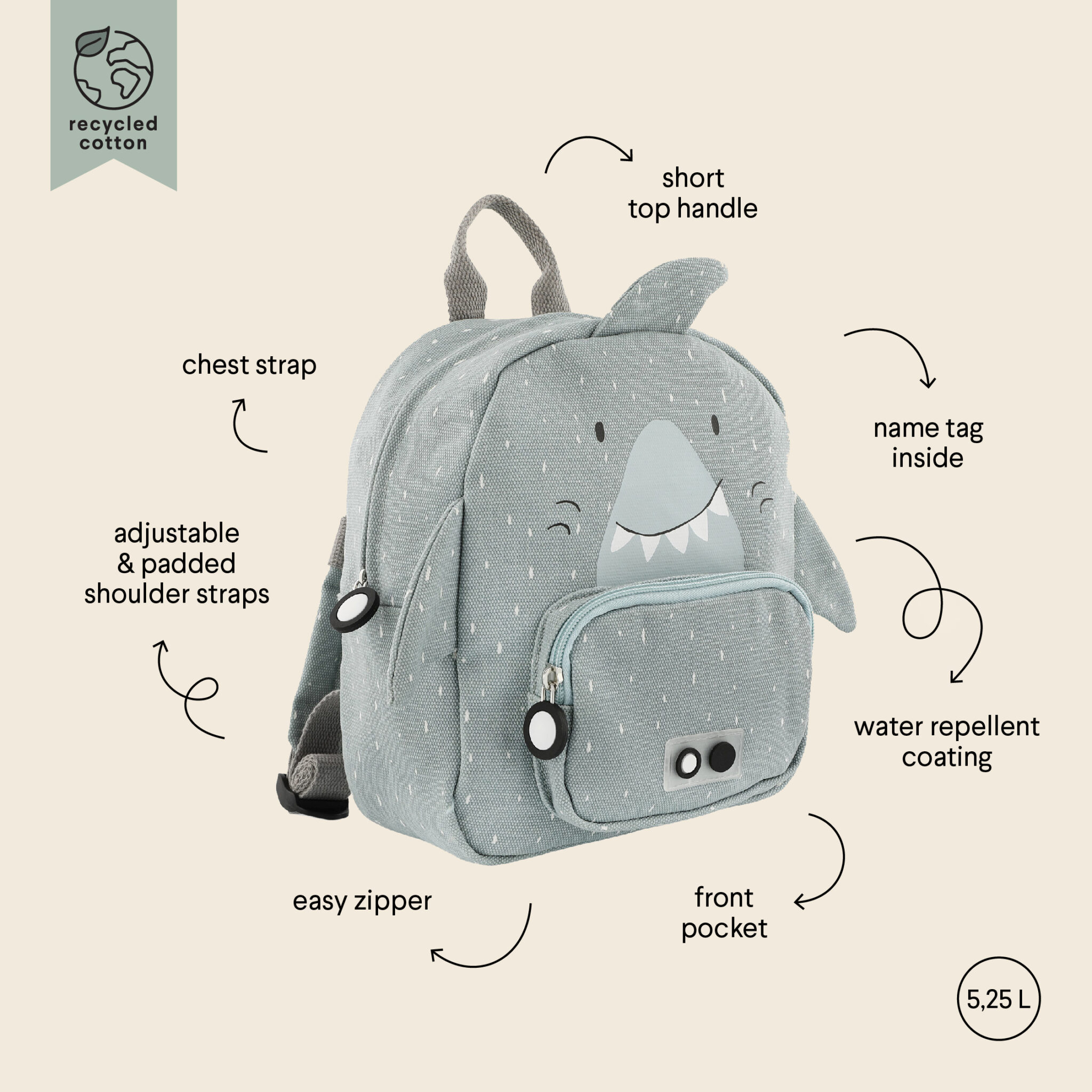 Mochila Pequeña Mr. Shark de Trixie – Divertida, Resistente y Perfecta para Pequeñas Aventuras 8 Mochila Pequeña Mr. Shark de Trixie – Divertida, Resistente y Perfecta para Pequeñas Aventuras