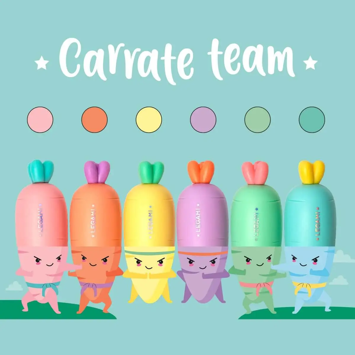 Set de 6 Mini Marcadores Carrate Team de Legami – Tamaño Compacto y Estilo Kawaii para Colorear y Subrayar 2
