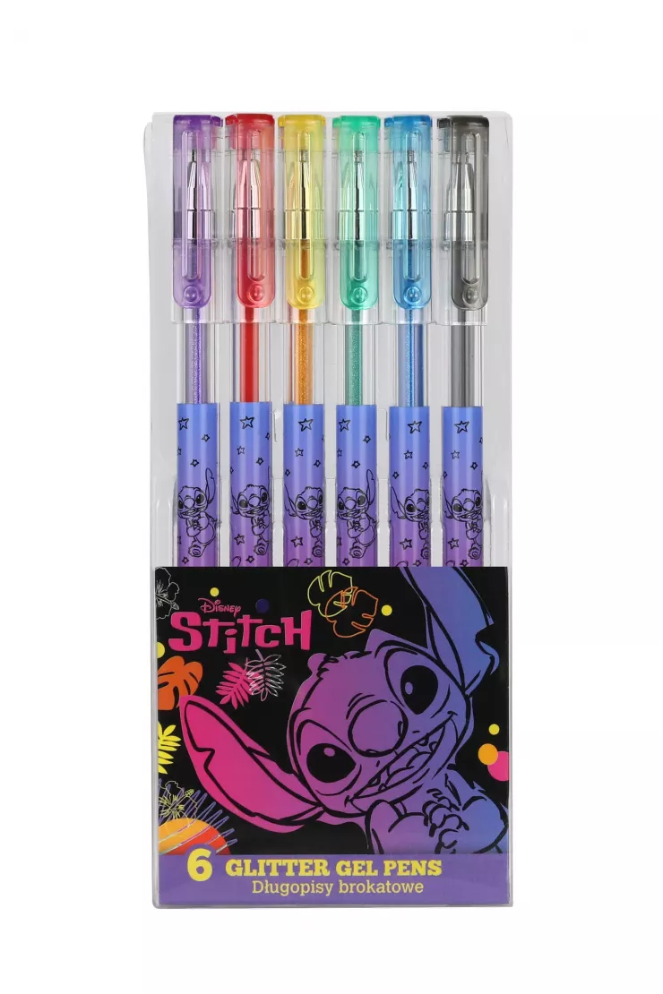 Set de Bolígrafos con Purpurina Stitch Disney Black – 6 Colores Brillantes para Dibujar y Decorar