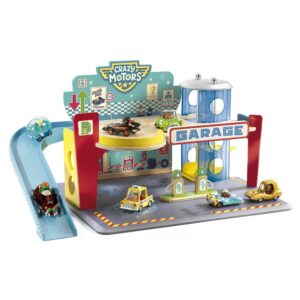 Garaje Crazy Motors de Djeco – Circuito vertical con ascensor, rampas y accesorios