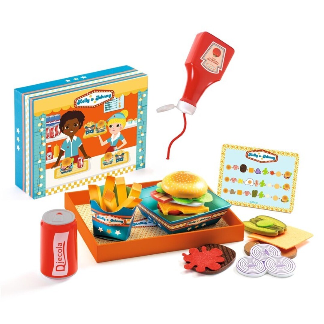 Imitación La Hamburguesería de Kelly & Johnny – Juego de cocina con hamburguesas de madera – Djeco – Desde 3 años Imitación La Hamburguesería de Kelly & Johnny – Juego de cocina con hamburguesas de madera – Djeco – Desde 3 años