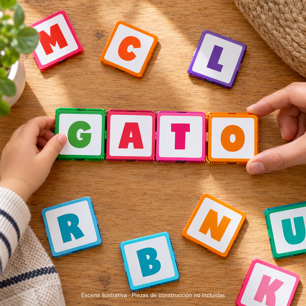 Imanix Style Cards Letras – Primeras palabras Manos ordenando la palabra GATO con Imanix Style Cards Letras: escena ilustrativa