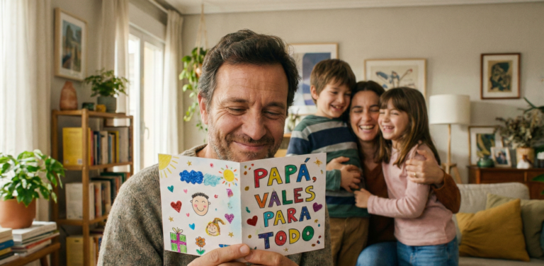 Padre abriendo postal del dia del padre en la que pone "Papá, vales para todo"