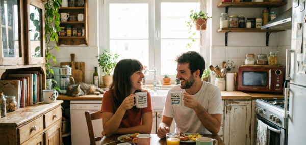 pareja desayunando con taza de mr wonderful
