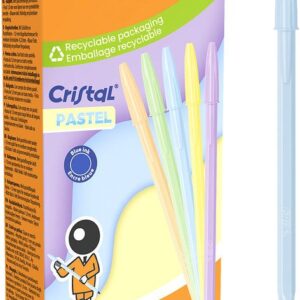 bolígrafo bic cristal pastel colores surtidos tinta azul Cuerpo 5 diseños Pastel: morado, verde, amrillo, azul y coral.