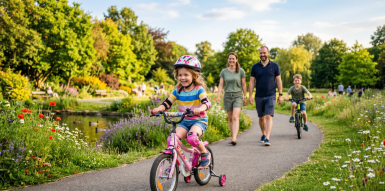 Niña con una de las mejores bicicletas infantiles y su familia de fondo