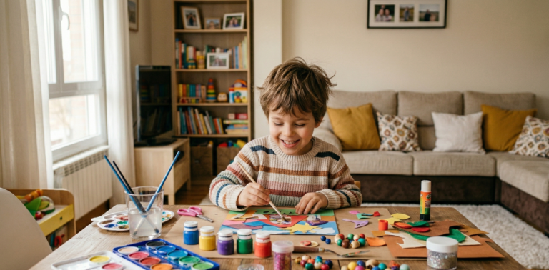 Niño haciendo manualidades en primavera dentro de casa