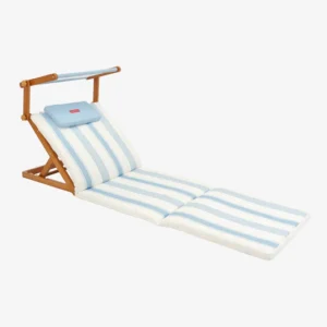Tumbona Plegable de Madera con Parasol Azul – Tumbona de Playa – ARGO – Protección Solar UPF 50+ – IndyaEduOcio