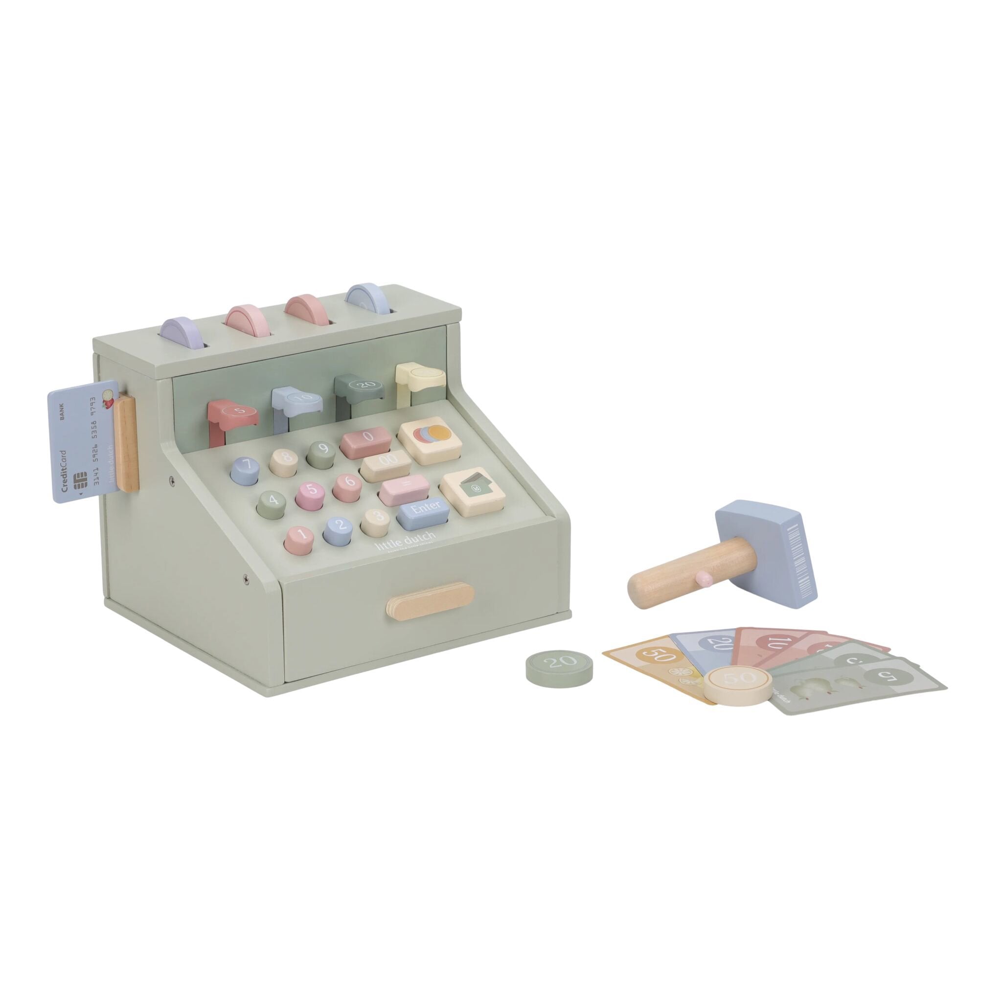 Caja registradora Little Dutch LD2511 - foto oficial Caja registradora de madera Little Dutch con escáner, lector de tarjetas y dinero de juguete