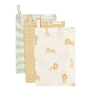 Set de 3 manoplas de muselina Safari Leo Little Dutch, rayas verdes, amarillo y estampado de leones