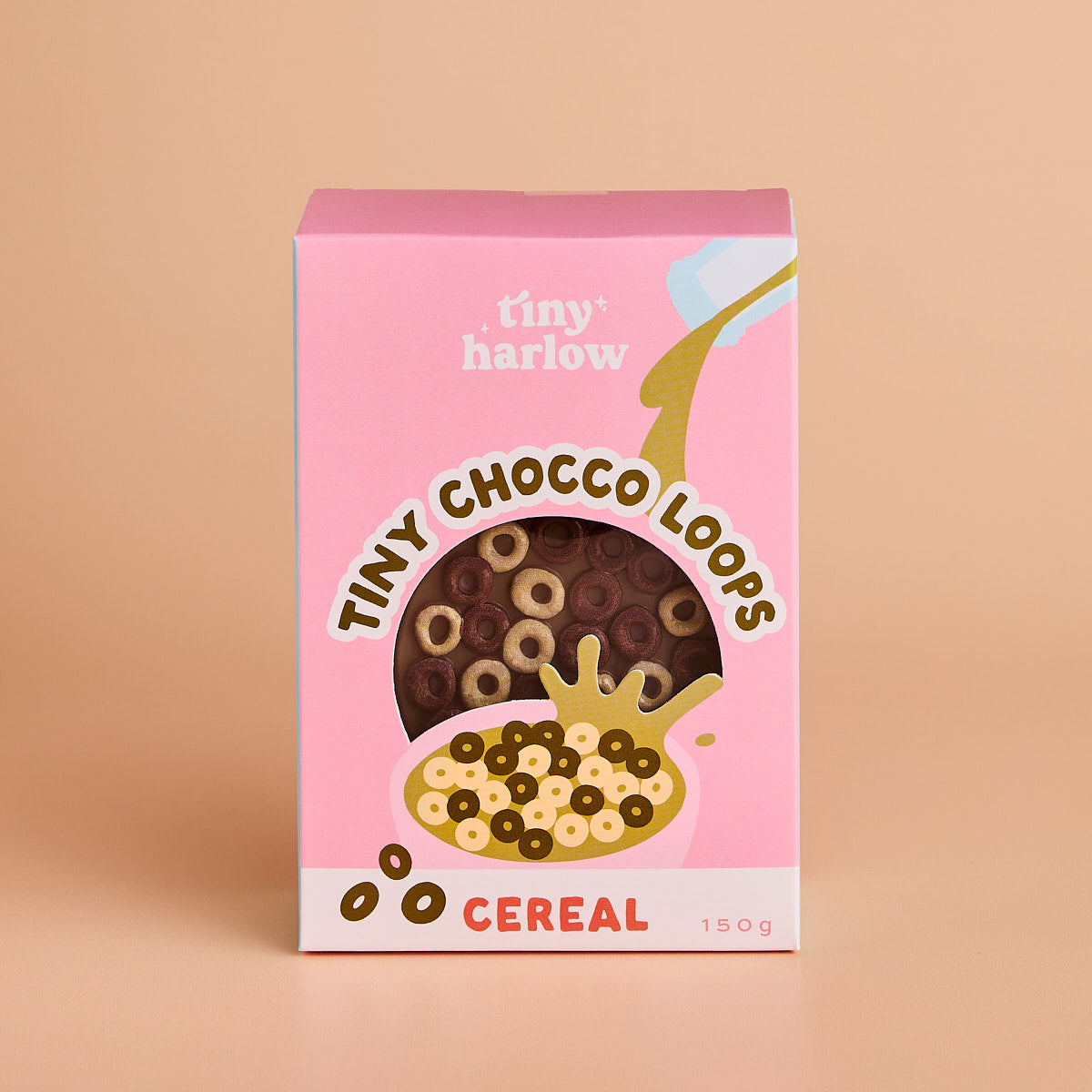 Tiny Chocco Loops — caja del producto Caja Tiny Chocco Loops de cereales de chocolate Tiny Harlow