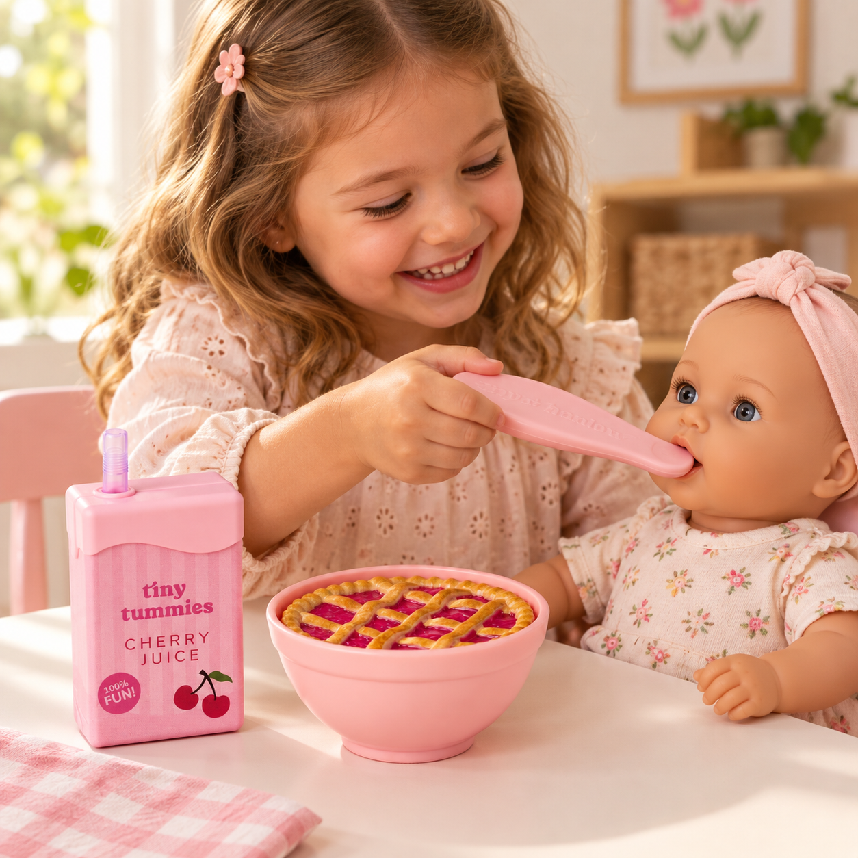 Set de cereza — escena infantil ilustrativa Niña jugando con el set de tarta y zumo de cereza Tiny Harlow