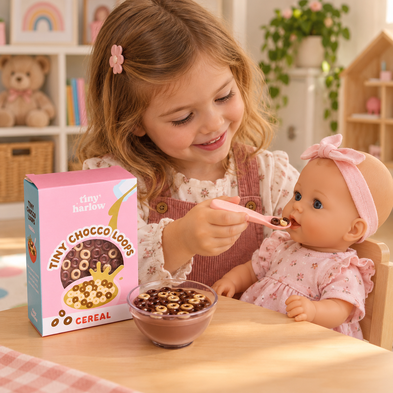 Cuenco de chocolate — escena de juego ilustrativa Niña jugando con el cuenco de cereales de chocolate Tiny Harlow y una muñeca