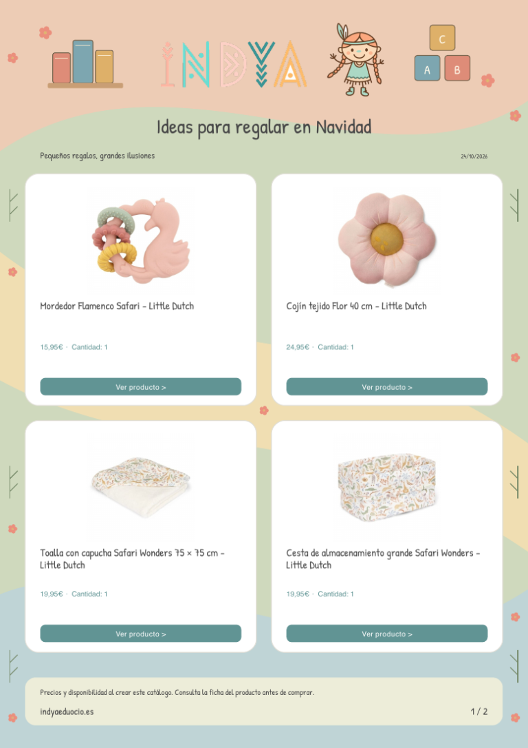 Ejemplo de catálogo de regalos INDYA con una selección de cuatro productos