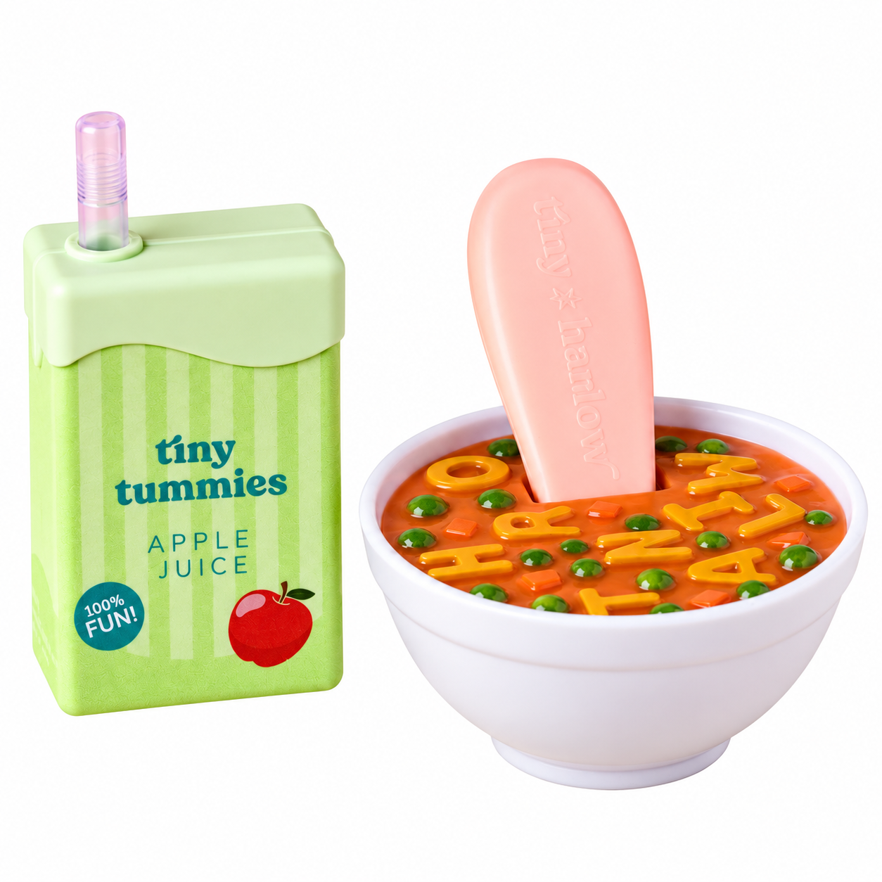 sopa-blanco Set de sopa de letras y zumo de manzana Tiny Harlow sobre fondo blanco