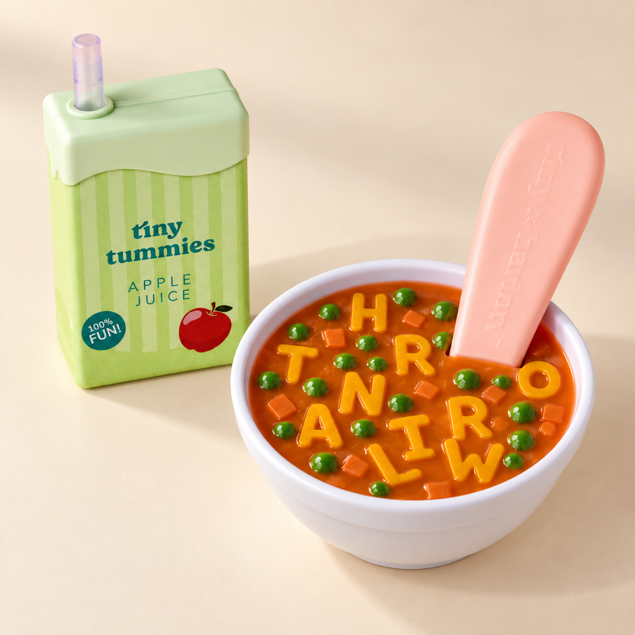 sopa-detalle Detalle del cuenco de sopa de letras, cuchara y zumo de manzana Tiny Harlow