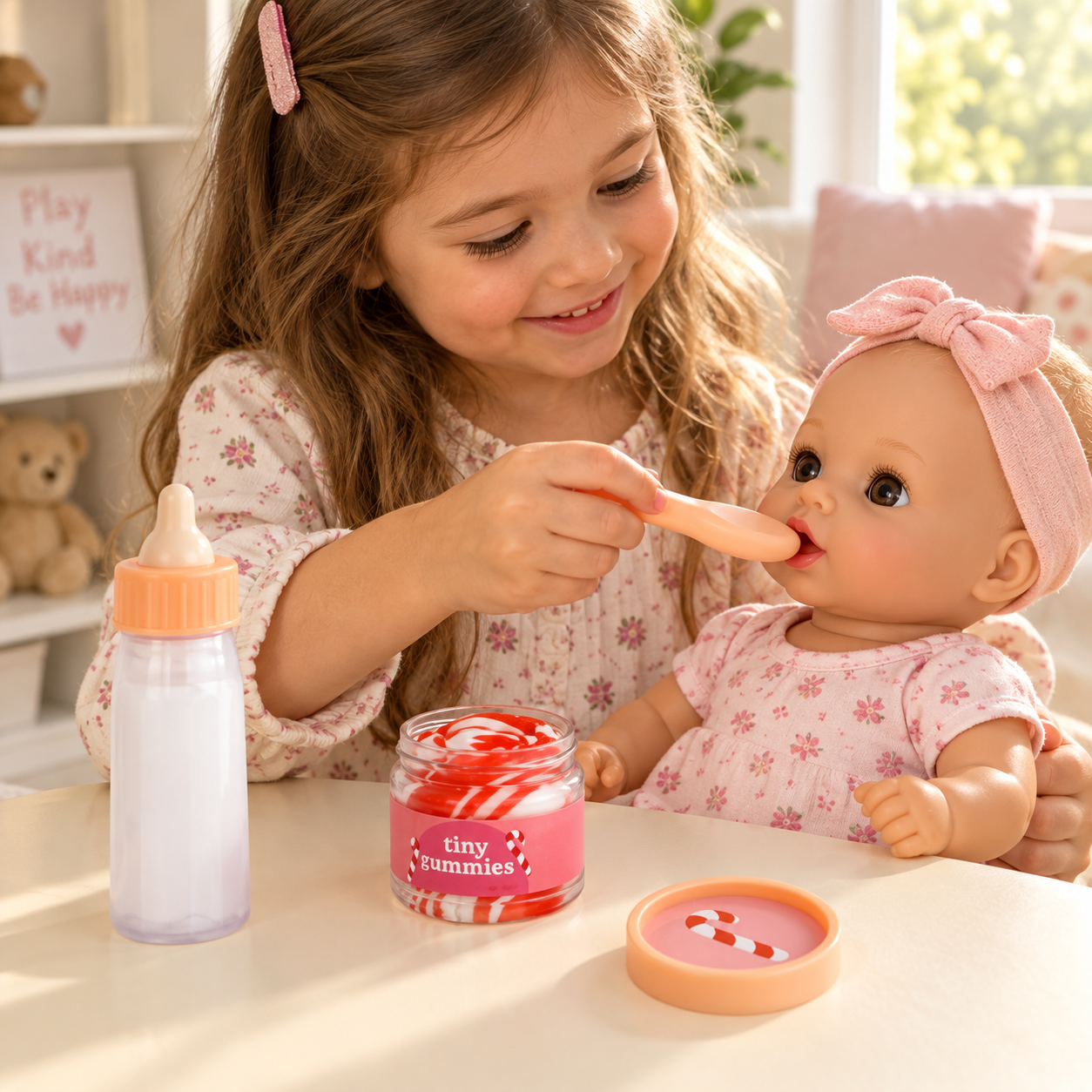 Candy Cane Tiny Harlow — escena infantil ilustrativa Niña jugando con el potito navideño Candy Cane de Tiny Harlow y una muñeca