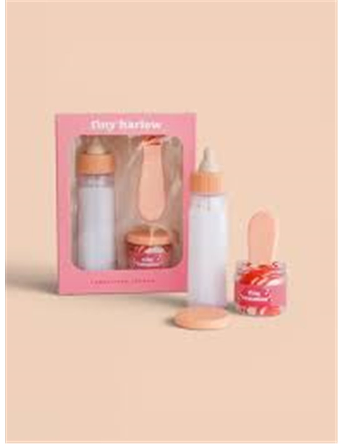 Candy Cane Tiny Harlow — caja y contenido Caja del set Candy Cane Tiny Harlow con biberón, potito y cuchara navideños